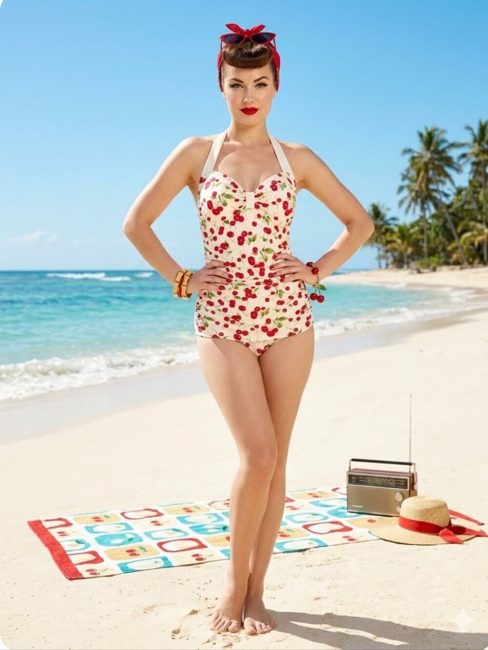 Paradise Cove Retro Cherry Pin-Up One Piece Swimsuit, VGUC, Size M